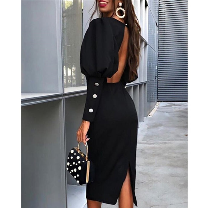Solid Puff Sleeve Backless Slit Dress Women Open Back Long Sleeve Dress Autumn Elegant Party Dresses Vestidos