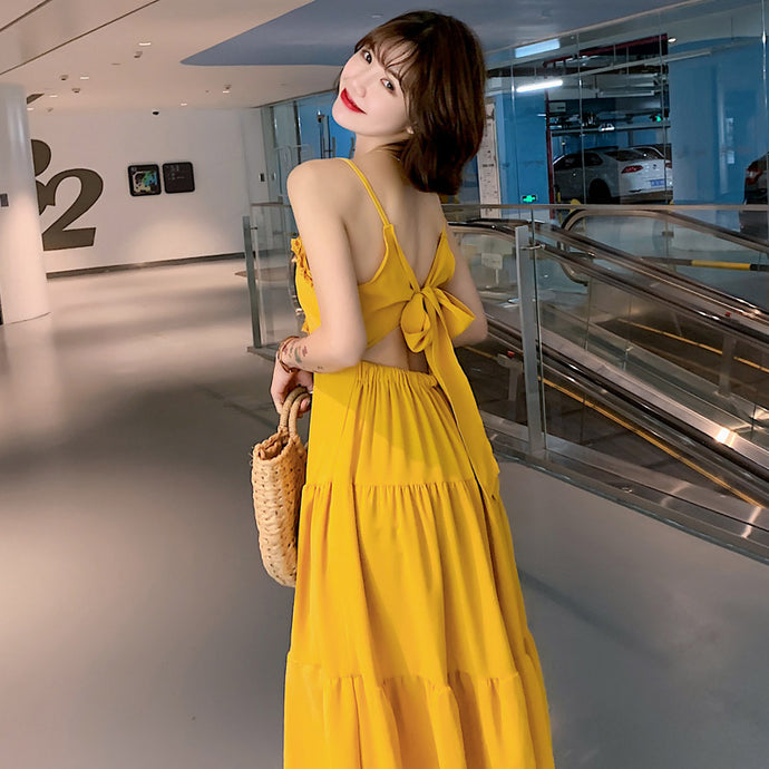 New Korean Japanese Style Yellow Off Shoulder Open Back Backless Sexy Casual Elegant Dresses Women Vintage Pleated Party Dress