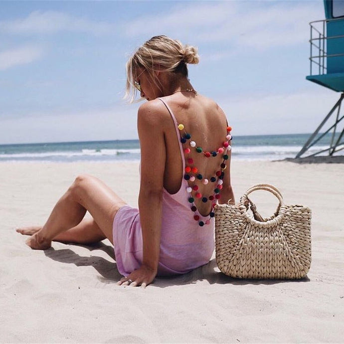 Women Summer Beach Casual Open Back Pompom Fur Ball Strap Mini Dress Female Backless Sexy Short Dress F83035